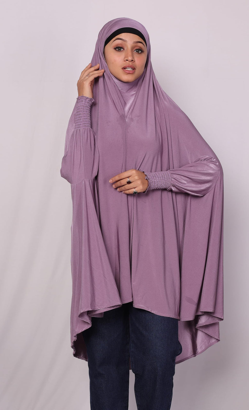 ICW Women Stretchable Jersey Smoking Sleeve Jilbab Cum Prayer khimar Hijab (Free Size) (Purple)