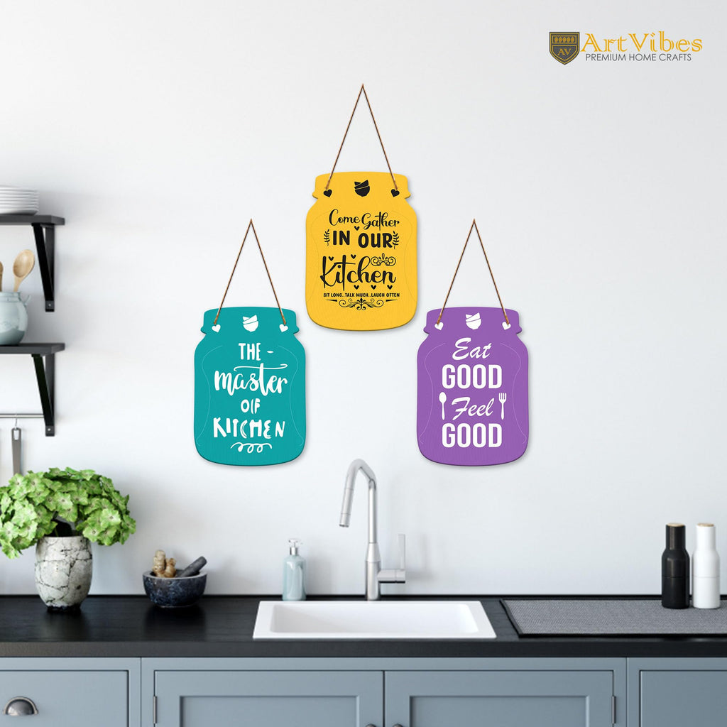 Artvibes Eat Good Feel Good Printed Wooden Wall Hanging for Kitchen | Cafe | Restaurant | Dining Room | Quotes Decor Item | Wall Poster | Food Quotes Decoration | Gift Items(WH_8907N), Set of 3