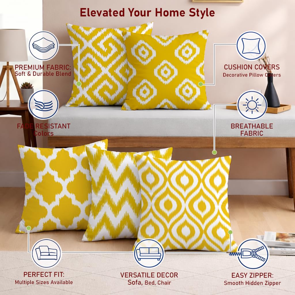 STITCHNEST Set of 5 Polycotton Cushion Covers – 12x12 Inches – Yellow & White Ikat Geometric Print – Elegant Cushion Covers for Sofa & Living Room | Perfect for Home Decor