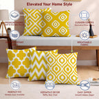 STITCHNEST Set of 5 Polycotton Cushion Covers – 16x16 Inches – Yellow & White Ikat Geometric Print – Elegant Cushion Covers for Sofa & Living Room | Perfect for Home Decor