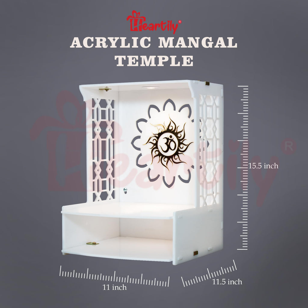 Heartily Acrylic Beautiful Pooja Stand Pooja Mandir for Home Temple for Home and Office Puja Mandir for Home Wall Mounted with LED Spot Light Size (H- 15.5, L- 11.5, W-11 Inch) (Roli)