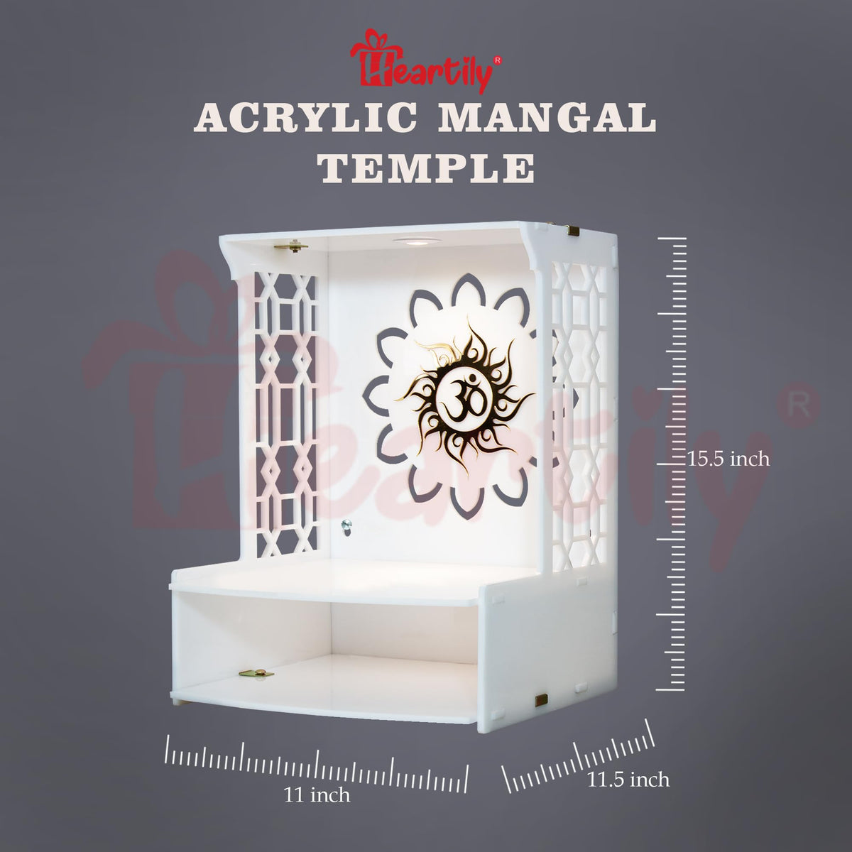 Heartily Acrylic Beautiful Pooja Stand Pooja Mandir for Home Temple for Home and Office Puja Mandir for Home Wall Mounted with LED Spot Light Size (H- 15.5, L- 11.5, W-11 Inch) (Mangal)