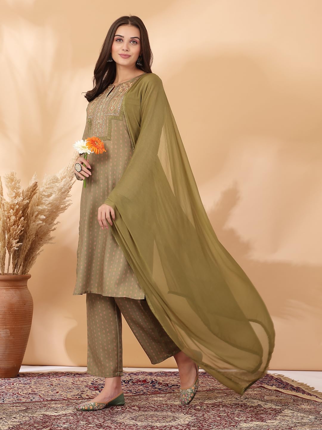 Printed Straight Pashmina Kurta Set with Dupatta for Women