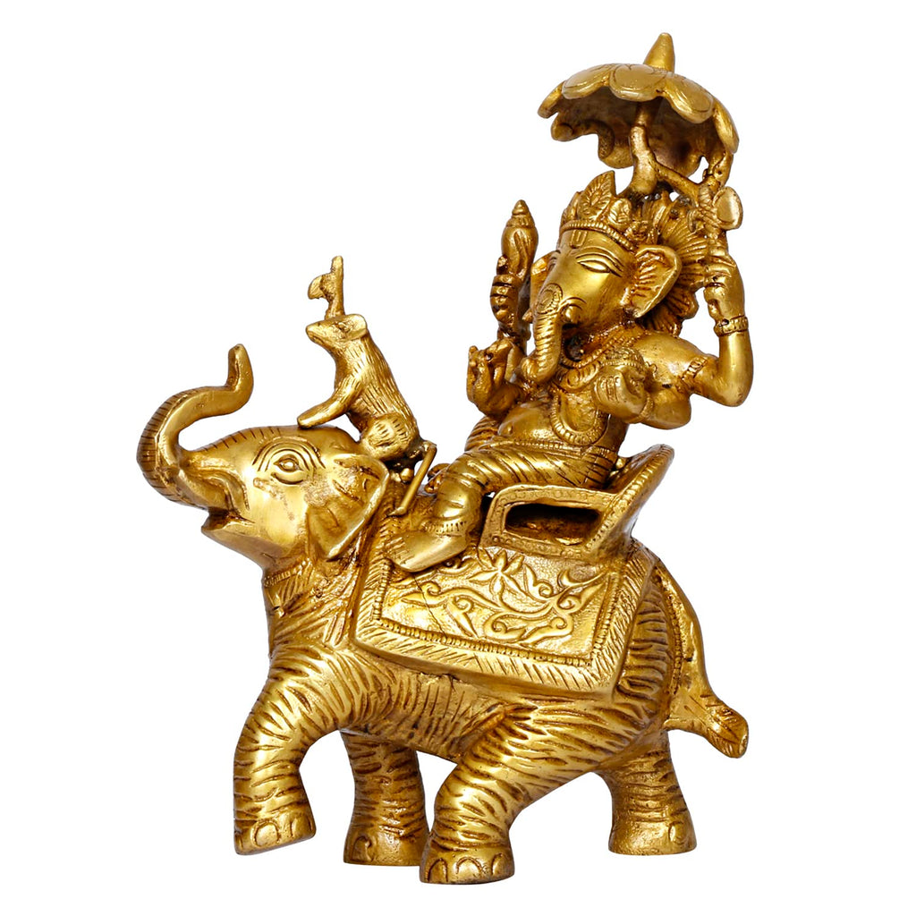 ARTVARKO Brass Ganesha Idol Ganesh Sitting on Elephant with Rat Mooshak Singhasan Ganpati Murti for Home Office Entrance Decor Diwali Pooja Golden Height 9 Inches