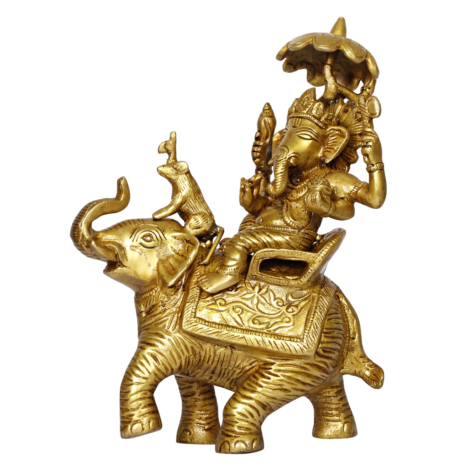 ARTVARKO Brass Ganesha Idol Ganesh Sitting on Elephant with Rat Mooshak Singhasan Ganpati Murti for Home Office Entrance Decor Diwali Pooja Golden Height 9 Inches