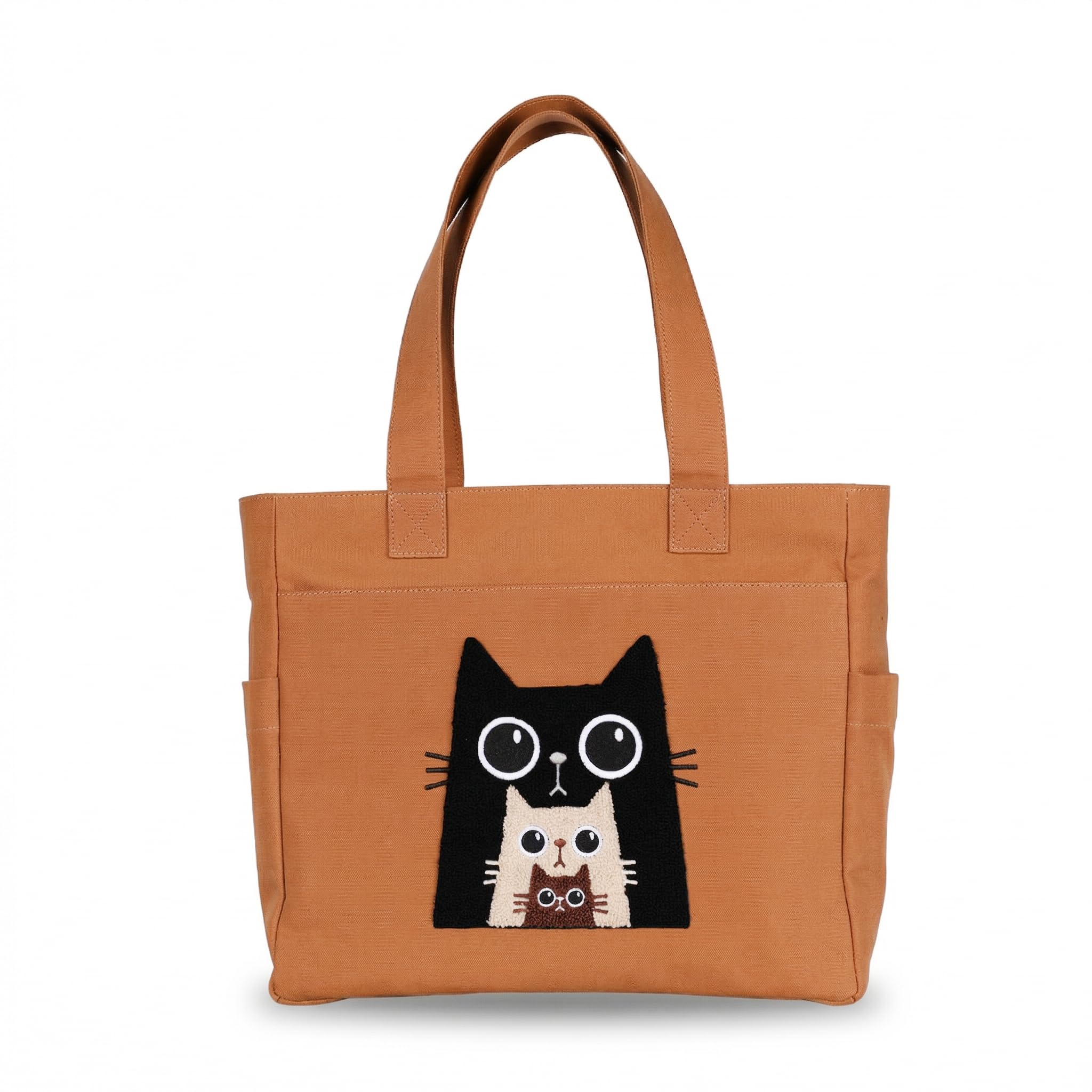 TSANTA U Shaped Canvas Tote Bag, 35.56x33.02 cm with 10.8 cm Gusset, Cotton, Zipper Closure, Laptop Compartment (Kitty)