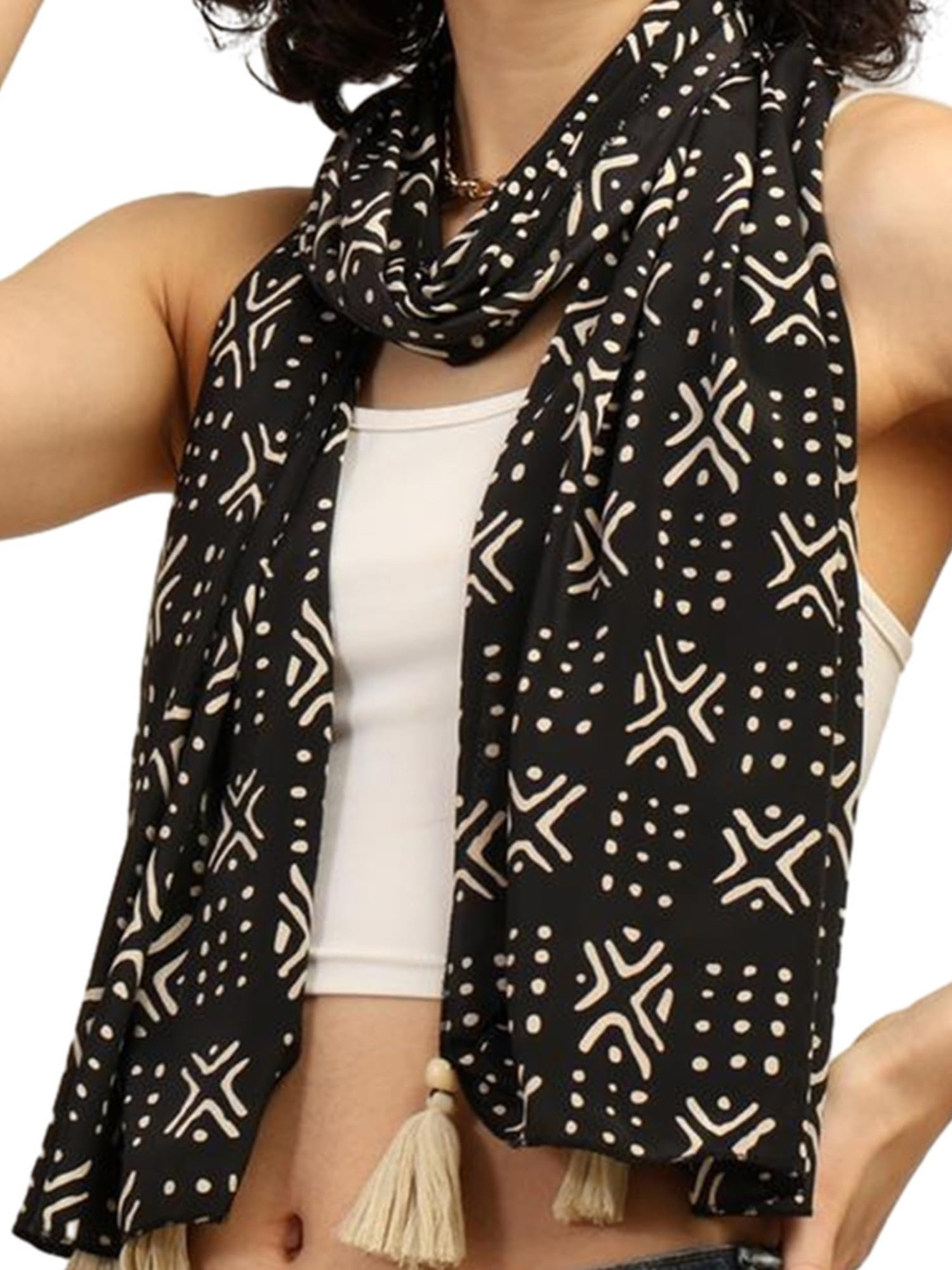 KE KANHA EXPORTS Scarf for Women Boho | Border Print Stylish | Stole for Women Breathable Summer Beach Wrap with Tassels | Multicolour |180 x 50 cm FREE Scrunchie Included