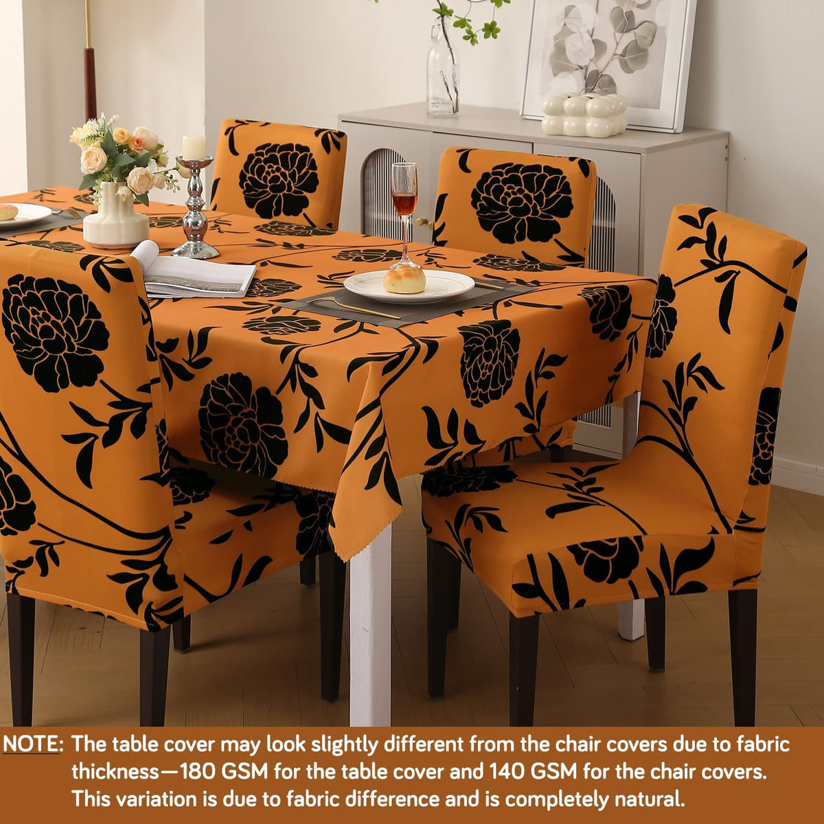 HOKIPO 'Elira Series' Stretchable Set of 6 Dining Chair Cover with Matching Tablecloth, Copper Brown Floral (NEW-AR-5372-C8)