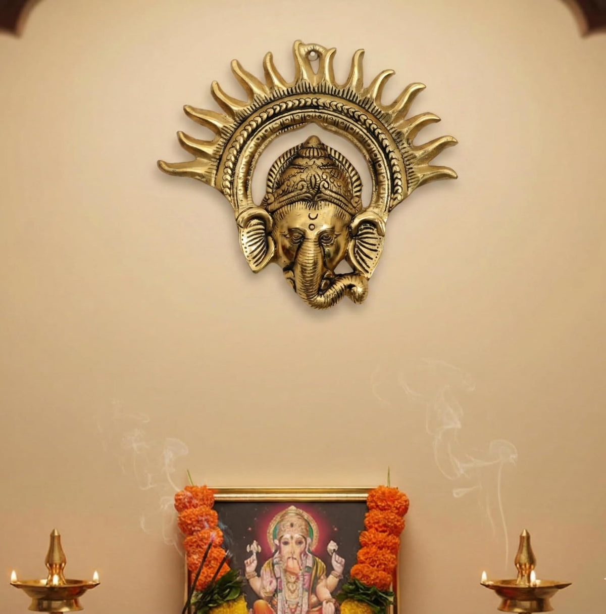 KridayKraft Ganesha Face Wall Hanging, Gold, Metal, 19 cm x 17 cm, 180 gm, Sun Halo Design