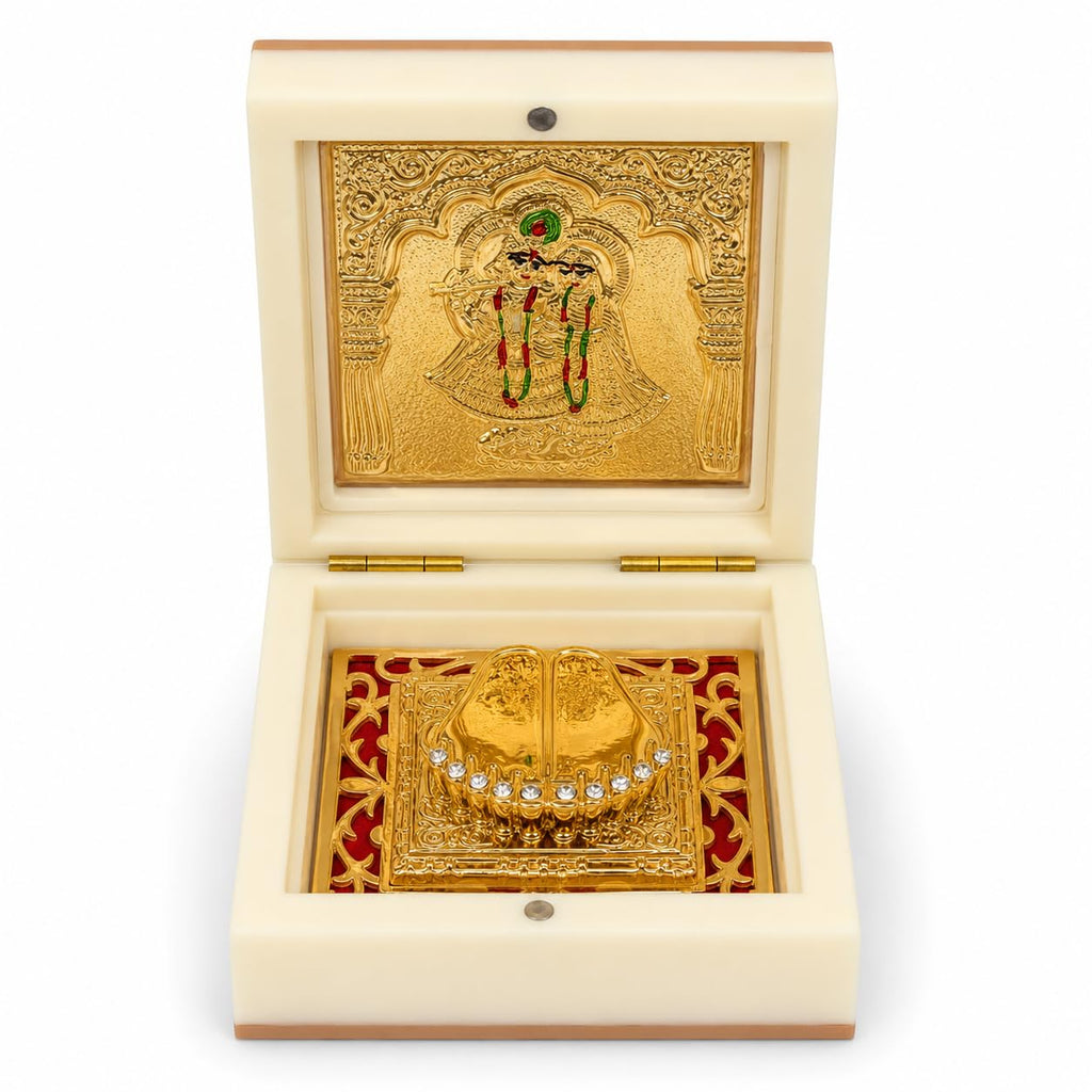 Radha Krishna Design Charan Paduka Pocket Temple for Pooja Room, Home Mandir, Car Dashboard & Prayer Space | Pearl & Brown Finish | Spiritual Gift & Housewarming Gift (Pearl, Small)