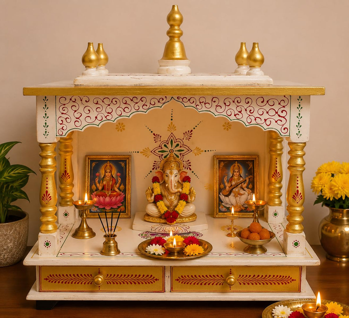 Kamdhenu Art and Craft Wooden Temple/Home/Pooja Mandir/Mandap (Gold), 61 cm