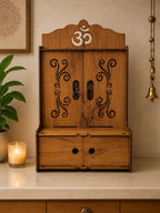 EXPRO Wooden Pooja Mandir for Home with Door | Engineered Wood Home Temple with Storage Space | Wall Mounted Temple for Office & Living Room | DIY Mandap with OM & Ganeshji Design (Brown | Design 2)
