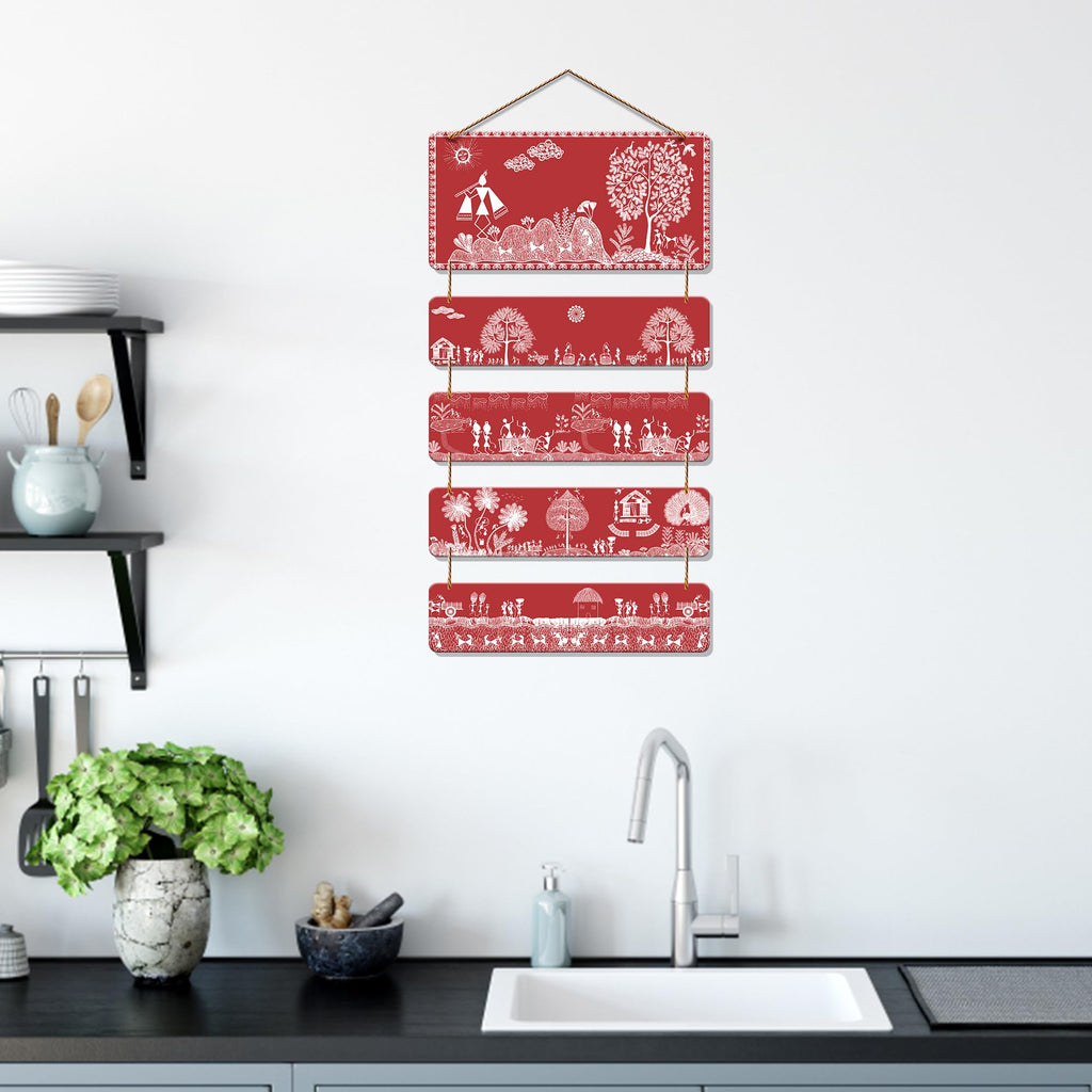 Artvibes Red Warli Tribal Art Wooden Wall Hanging Decoration Items for Home | Bedroom | Mdf Designer Artwork Decorative for Living Room | Ideal Gifts | Stylish Modern Decor Item (WH_6720N)