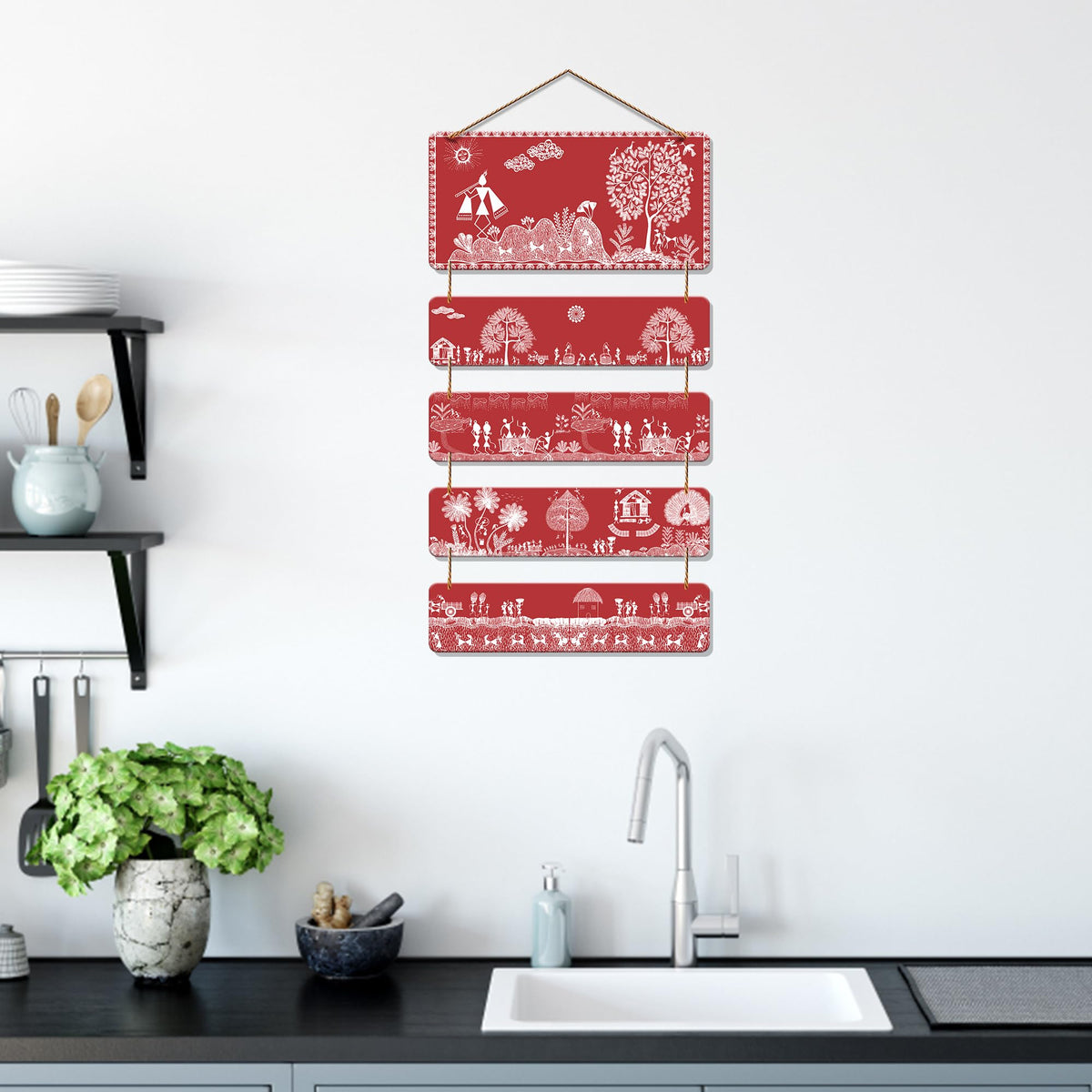 Artvibes Red Warli Tribal Art Wooden Wall Hanging Decoration Items for Home | Bedroom | Mdf Designer Artwork Decorative for Living Room | Ideal Gifts | Stylish Modern Decor Item (WH_6720N)