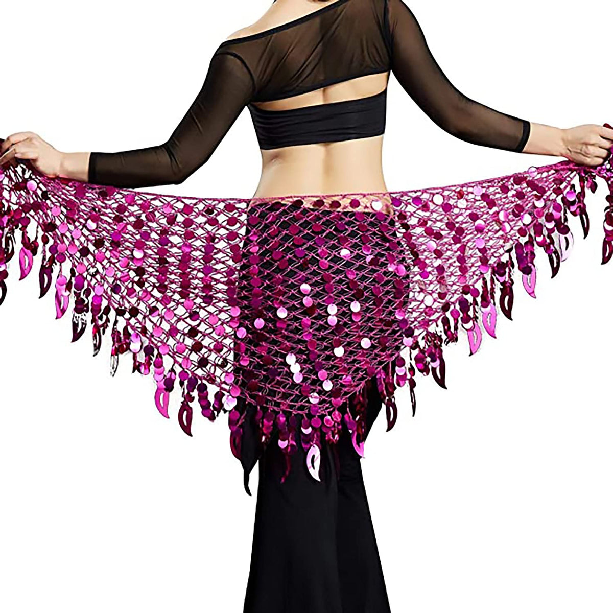 Vritraz Women's Chiffon Belly Dance Hip Scarf Waistband Belt Skirt Mixed Colors Sequence Beads And Coins Pink