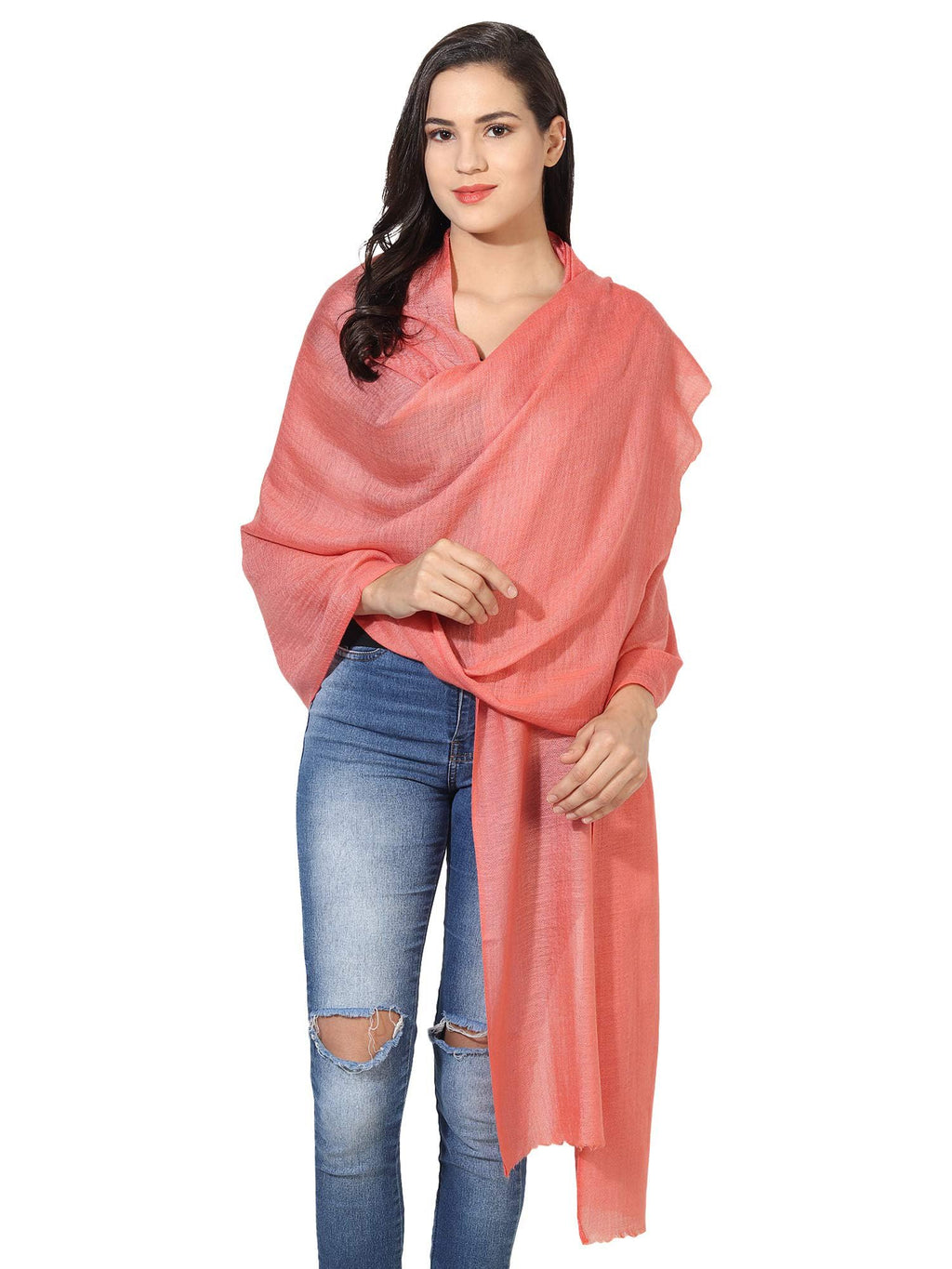 MUFFLY Women's Solid Blended Shawl (MW-20_Peach_Free Size)