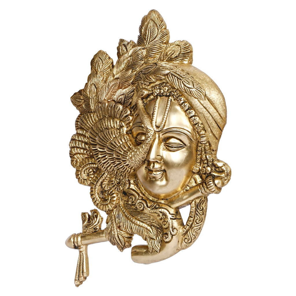 ARTVARKO Brass Lord Krishna Playing Flute Wall Hanging Peacock Idol Murti Sculpture Home Decor for Living Room Pooja Gift Item Height 33 cm
