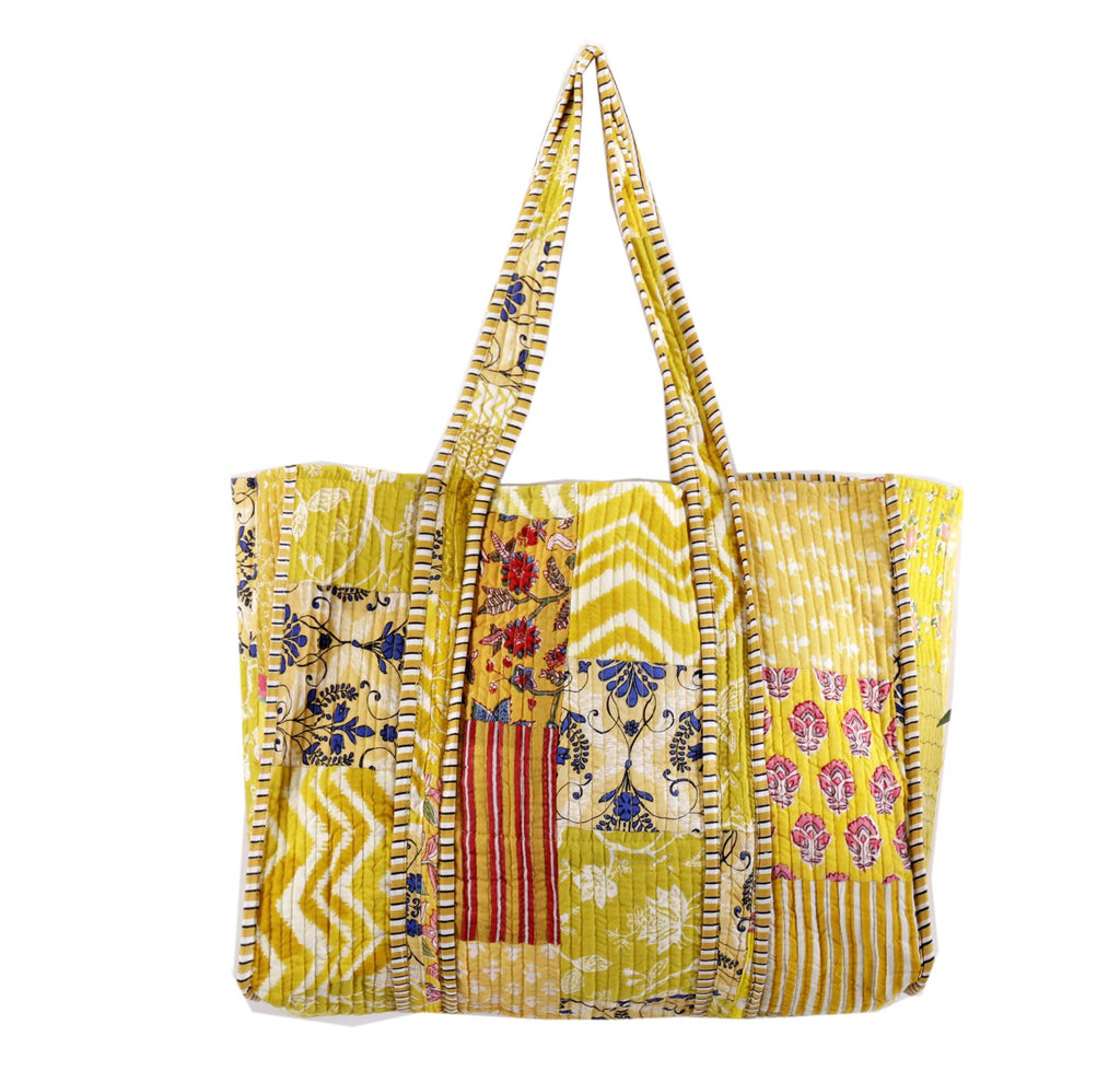 Ravaiyaa - Attitude is everything Patchwork Quilted Shoulder Tote Bag Women Reversible Shoulder Bag Cotton Carry Bag Multipurpose Tote Bags (Yellow)