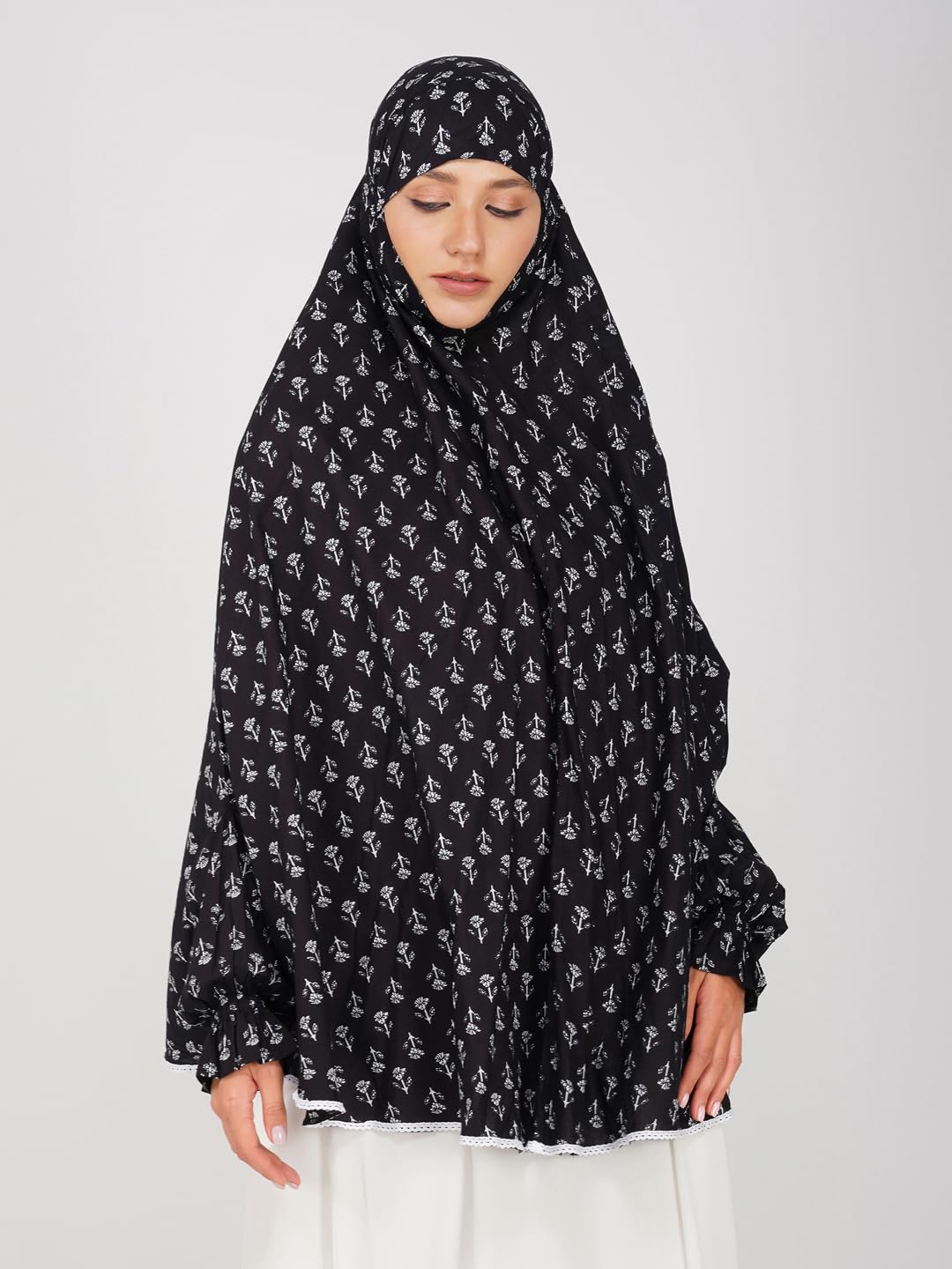 ANA Black Floral Cotton With Sleeves Namaz Makhna for Women, Free Size, Ready to Wear