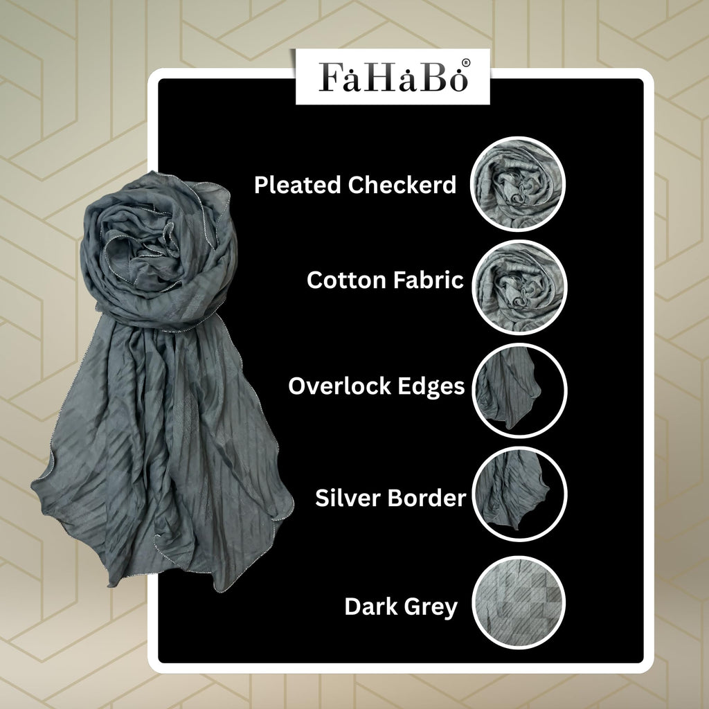 FAHABO Scarf Woman Pleated Viscose Cotton Scarf with Lace Border | Hijab Scarf | Headscarf | Neck Scarf | Stoles | Wraps (1- Dark Grey)