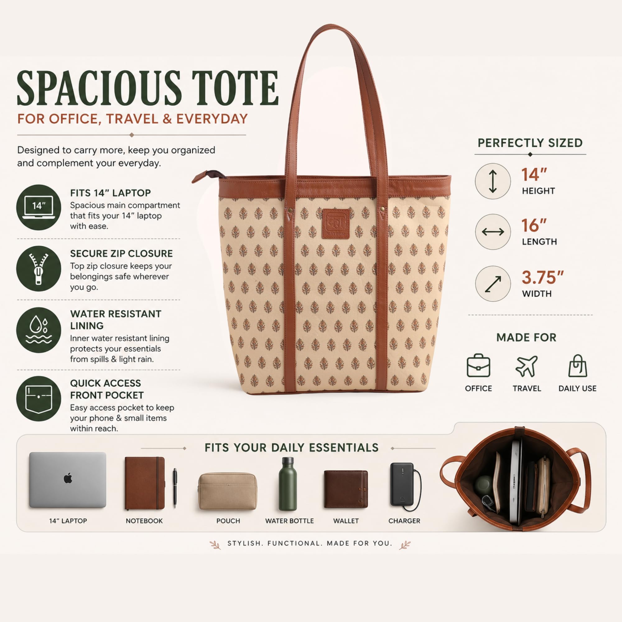 KALOOM Women’s Tote Bag with Zip Closure | Cotton Canvas & Vegan Leather Shoulder Bag | Spacious Printed Handbag with Outer Pocket for Office, Travel & Everyday Use (Beige)