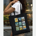 Peach Blossom Van Gogh Printed Tote Bag for Women with Zip, Stylish Cotton Handbags, Canvas Tote Bags for College (Black_VanGoghNineBoxart)