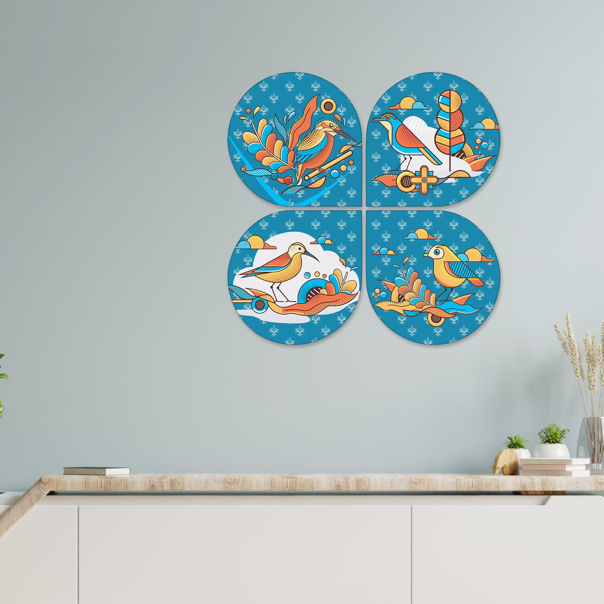 Artvibes Birds Decorative Wall Art MDF Wooden Wall Hanger for Home | Living Room | Office | Cafe | Painting Wall Decor | Wall Illustrations | Artworks Hangings | Gift Items (WH_8423N), Set of 4