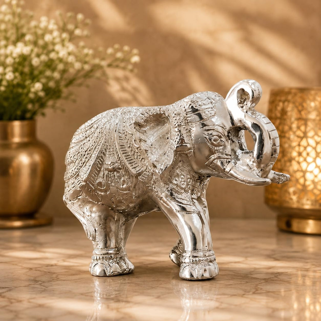 KridayKraft Decorative Silver Elephant Trunkup Silver Plated Statue, 12 cm x 9.5 cm, 400 gm, Intricately Carved Metal Figurine