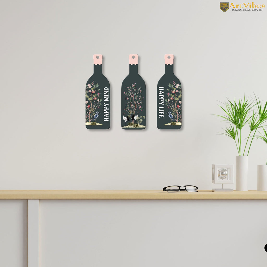 Artvibes Happy Mind Happy Life Decor Decorative Wall Hanging Wooden Art | Quotes Decor Item | Craft For Everyone | Wall Illustrations | Office Decor | Wall Art Print | Gift Items (WH_9525N), Set of 3