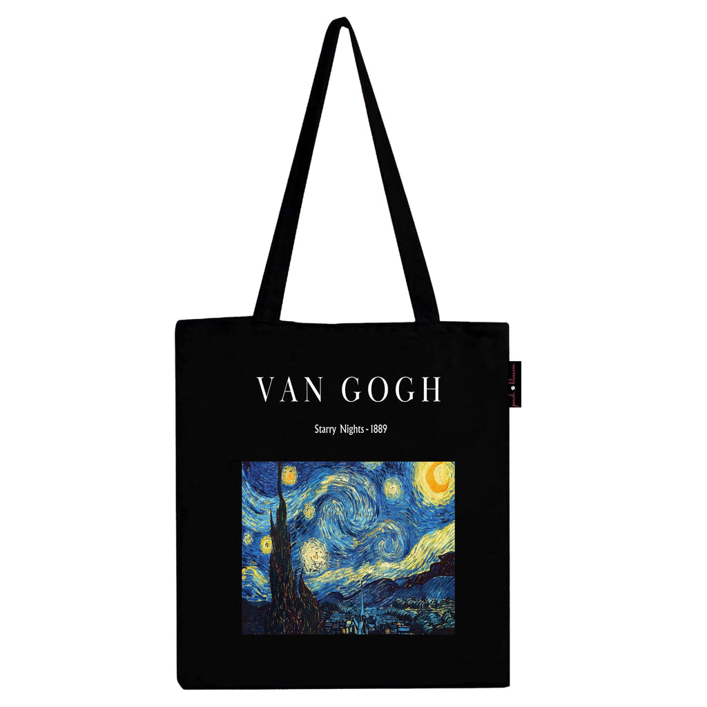 Peach Blossom Van Gogh Printed Tote Bag for Women with Zip, Stylish Cotton Handbags, Canvas Tote Bags for College (Black_VanGoghStaryNight)