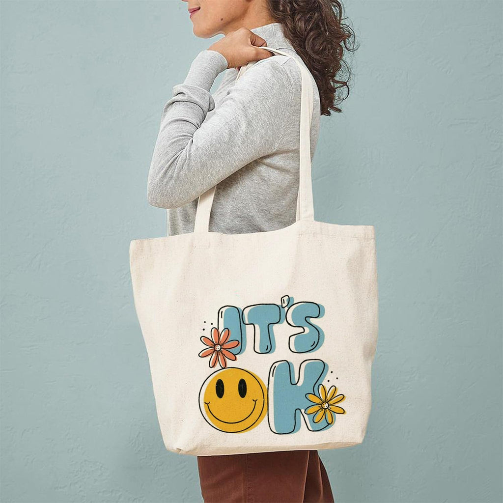 Heu “It’s OK” Smiley Printed Canvas Tote Bag | Cute Aesthetic Reusable Cotton Shoulder Bag | Positive Quote Shopping Tote for Women & Girls