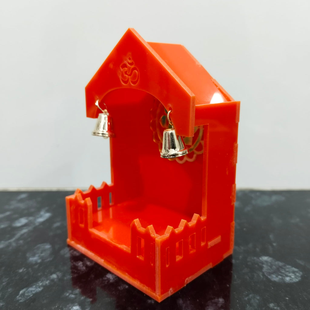 Mini Pooja Mandir Temple, Acrylic, Traditional Indian Style, with Om and Lotus Mandala, for Car, Office Desk and Home (1, Acrylic Orange)