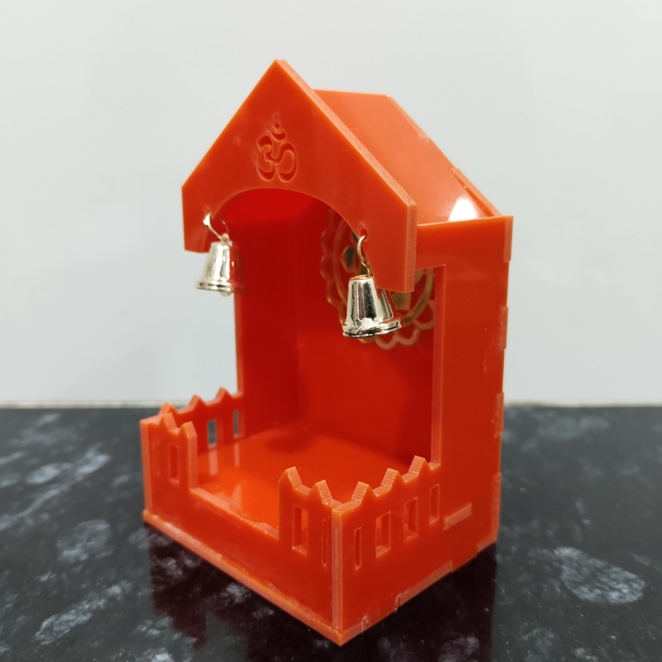 Mini Pooja Mandir Temple, Acrylic, Traditional Indian Style, with Om and Lotus Mandala, for Car, Office Desk and Home (1, Acrylic Orange)