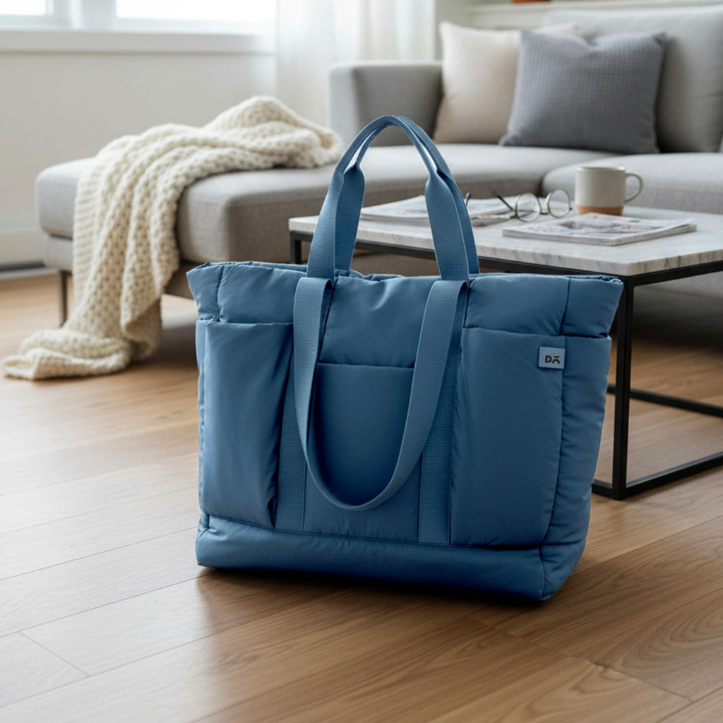 DailyObjects Idyll Tote Bag For Girls &Women | Crafted Using Soft-Touch & Water-Repellent Polyester | Polyfill Cushioning On The Inside | Holds Any Laptops Upto 14'' - Space Blue