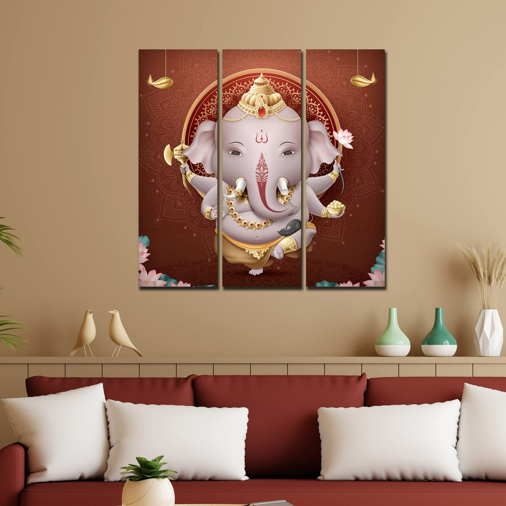 VIBECRAFTS 3 Pieces Beautiful Shree Ganesha Canvas Wall Painting Fitted With Wooden Frame For Home | Office | Living Room | Gifts (PTVC3Pcs1_9560)