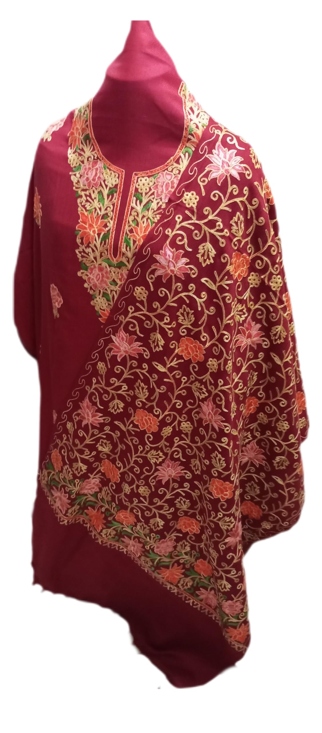 latest Womens pure woolen kashmiri embroidered salwar kameez suit with heavy embroidery on shawl,winter wear,woollen kurta pant set dress material(UNSTITCHED FABRIC) by pure Pashmina wooltex.MAROON2