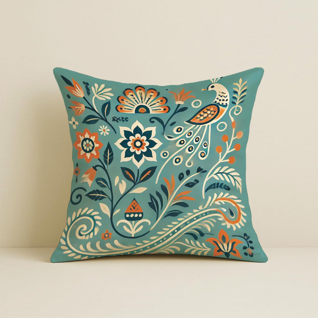 STITCHNEST Ethnic Satin Cushion Covers Twin Peacock with Floral Pattern, 16x16 Inch, Pack of 2 for Traditional Home Decor, Sofa Styling & Gifting