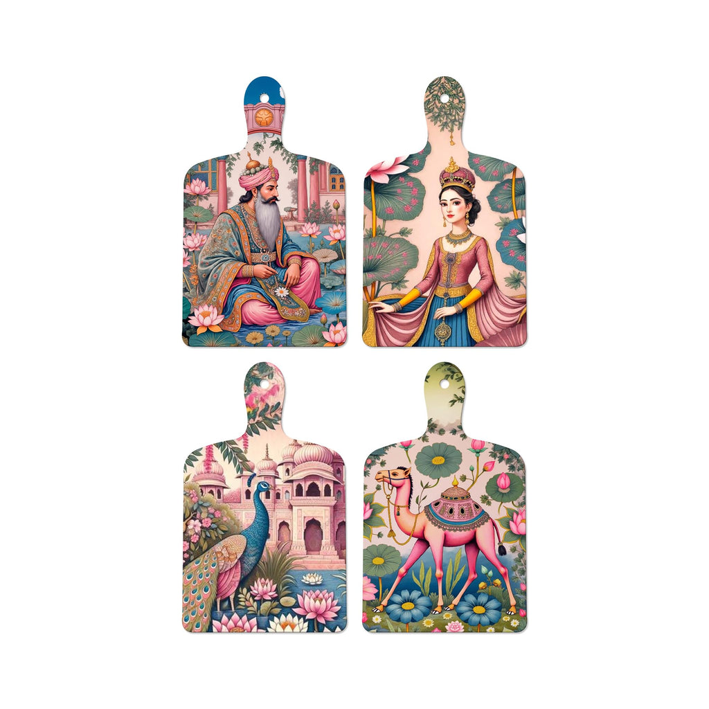 Artvibes Camel Peacock & Beautiful Women Royal Pichwai Art Wooden Wall Hanger for Home Decor | Printed Wall Decoration | Graphic Artwork | Aesthetic Wooden Decor | Ideal Gifts (WH_5626N), Set of 4