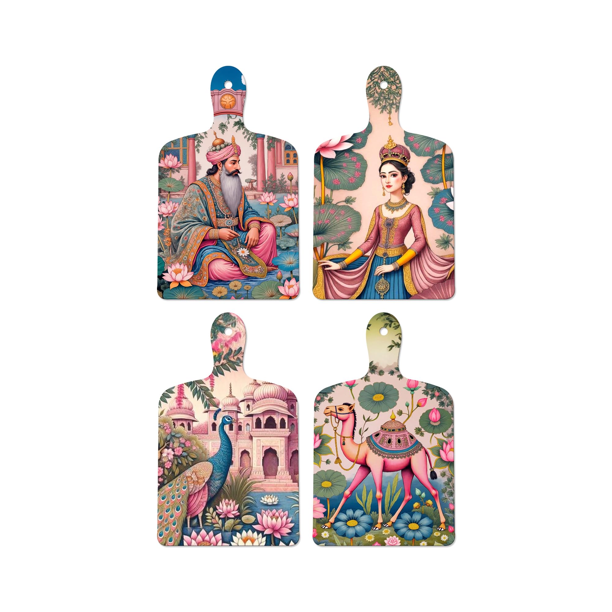 Artvibes Camel Peacock & Beautiful Women Royal Pichwai Art Wooden Wall Hanger for Home Decor | Printed Wall Decoration | Graphic Artwork | Aesthetic Wooden Decor | Ideal Gifts (WH_5626N), Set of 4