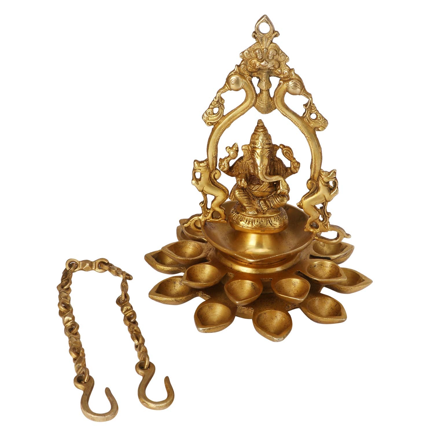 Artvarko Brass Decor Diwali Deepam Diya for Entrance with Ganesh Ganesha Ganpati Moorti Idol Chain Hanging Multi Diya for Pooja Table with Stand Height with Chain 29 Inch