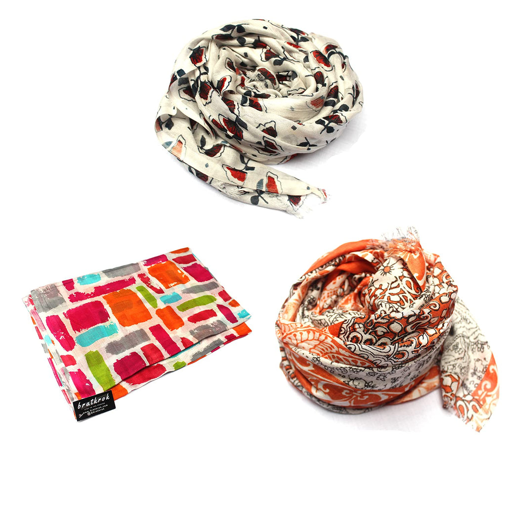 bratkrok WOMEN'S TRENDY FLORAL PRINTED RAYON SCARVES/STOLES MULTICOLOUR (PACK OF 3)