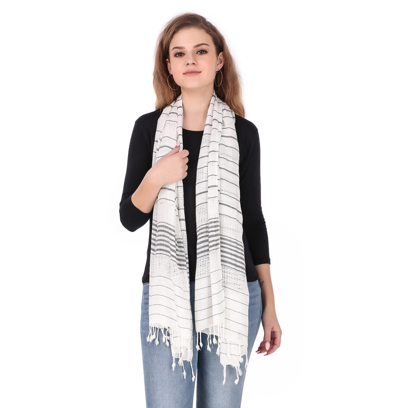 FWC Fill With Colours Stole/Scarf For Female Colour- White Soft Viscose Cotton Blend Ethnic Stripes Pattern Scarves Pack Of 1 ST-15