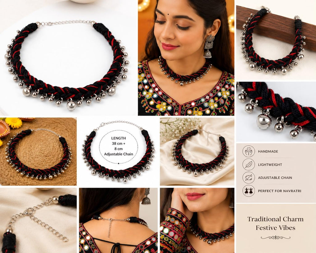 Handmade Navratri Thread Choker Necklace with Ghungroo | Black & Red Braided Boho Choker | Traditional Garba & Dandiya Jewellery for Women & Girls | Adjustable Ethnic Festival Necklace (Black and green)
