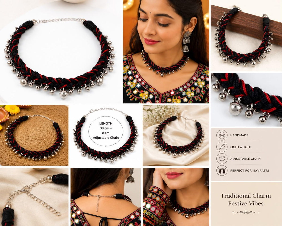 Handmade Navratri Thread Choker Necklace with Ghungroo | Black & Red Braided Boho Choker | Traditional Garba & Dandiya Jewellery for Women & Girls | Adjustable Ethnic Festival Necklace (Black and green)