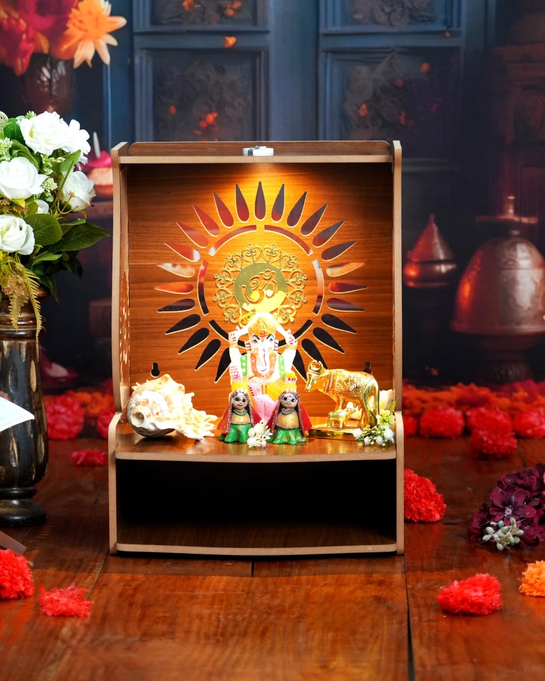 PIXELCRAFTS Folding Wooden wall Mounted Temple/mandir for Home and Office(Size – H 15.5X L 11.5 x W 10.5 inch) (Brown 4)