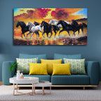 VIBECRAFTS Canvas Paintings for Living Room Drawing Room Panoramic Running Seven Horses Abstract Wall Painting Fitted with Wooden Frame for Home|Office|Gift(PTVCH_2271N)