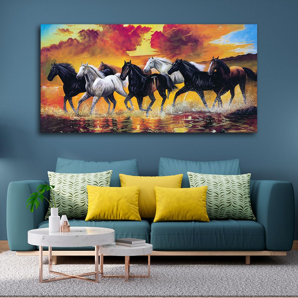 VIBECRAFTS Canvas Paintings for Living Room Drawing Room Panoramic Running Seven Horses Abstract Wall Painting Fitted with Wooden Frame for Home|Office|Gift(PTVCH_2271N)