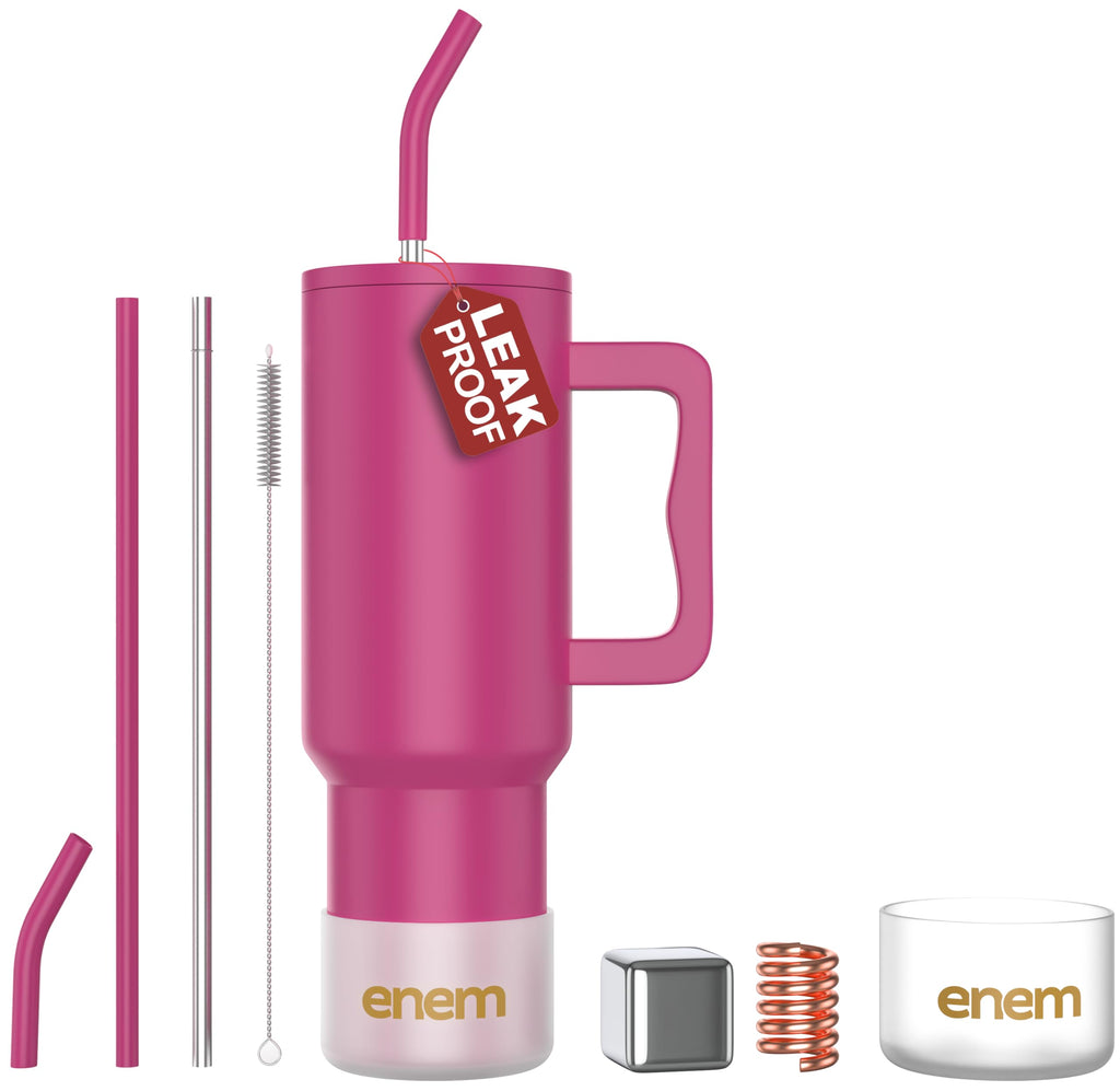 enem Tumbler, Candy Pop, Tumbler with Metal Straw, Sipper, with Lid Leak Proof, 1 Metal Ice Cube, 1 Copper Spring (Tamba), Base Protector (Black/White), Mug Travel, 1.2L