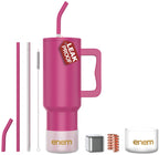 enem Tumbler, Candy Pop, Tumbler with Metal Straw, Sipper, with Lid Leak Proof, 1 Metal Ice Cube, 1 Copper Spring (Tamba), Base Protector (Black/White), Mug Travel, 1.2L