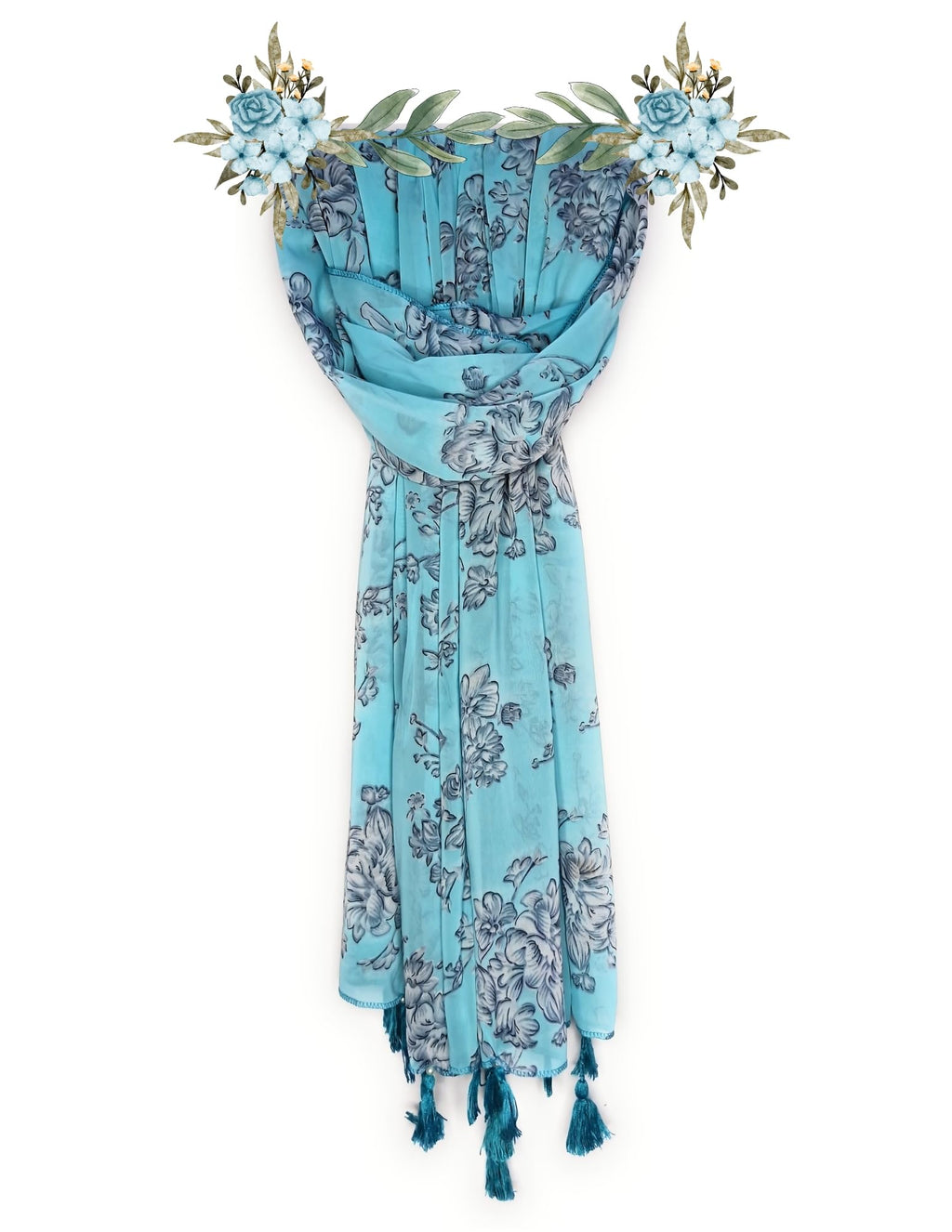Chandwasia Fashion Floral Printed Scarf | Neck Shoulder Head Wrap Styling Dupatta Use | Polyester Chiffon Fabric Tassel Border Lightweight Soft Texture Pattern Women - Sky Blue